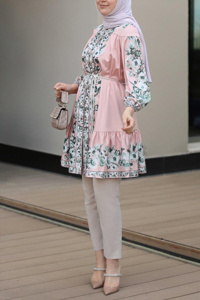 Acelya tall tunic shirt with ruffles and long sleeve in floral - ANNAH HARIRI
