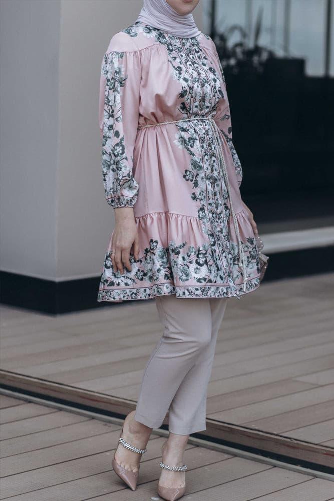 Acelya tall tunic shirt with ruffles and long sleeve in floral - ANNAH HARIRI
