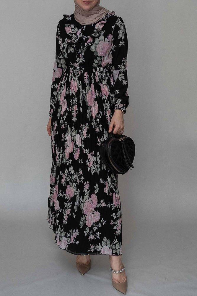 Alannah chiffon floral pleated dress with maxi sleeve and ruffled top in Black - ANNAH HARIRI