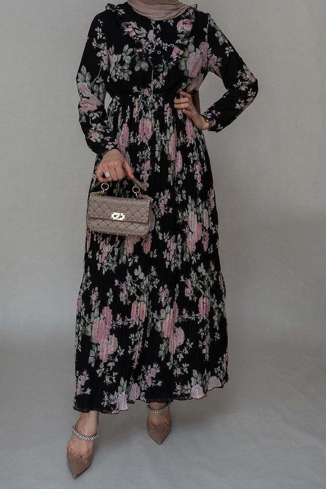 Alannah chiffon floral pleated dress with maxi sleeve and ruffled top in Black - ANNAH HARIRI