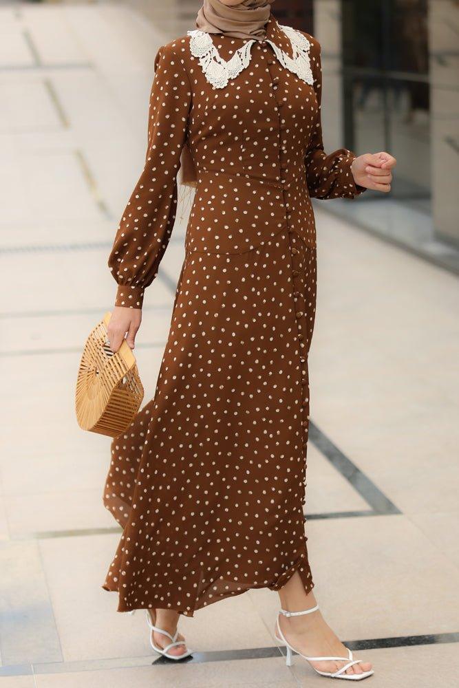 Alessandra Oversized collar long sleeve viscose maxi dress in Polka-dot - ANNAH HARIRI
