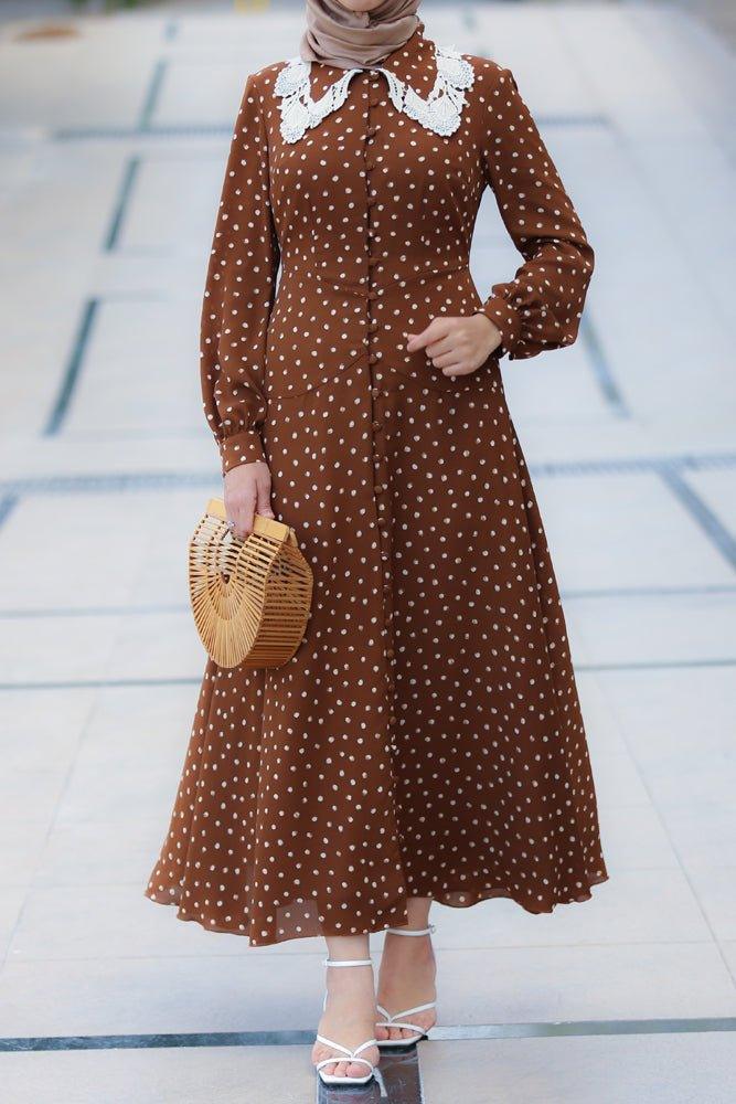 Alessandra Oversized collar long sleeve viscose maxi dress in Polka-dot - ANNAH HARIRI