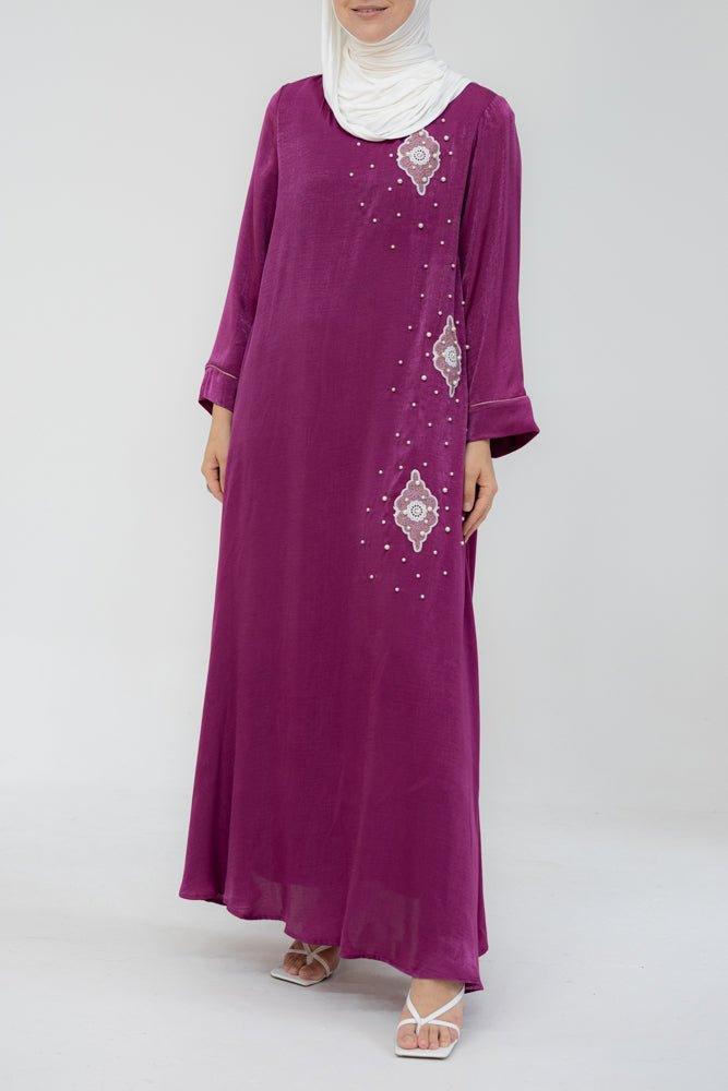 Alhambra Kaftan with embroidery and pearls details detachable belt and kimono sleeves - ANNAH HARIRI