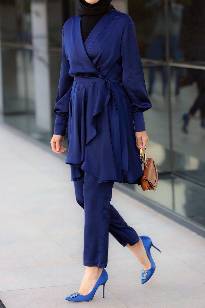 Alisa satin maxi uneven cut midi tunic with long sleeve and wrap detail waist in blue - ANNAH HARIRI