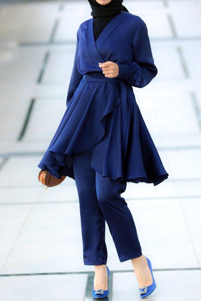 Alisa satin maxi uneven cut midi tunic with long sleeve and wrap detail waist in blue - ANNAH HARIRI