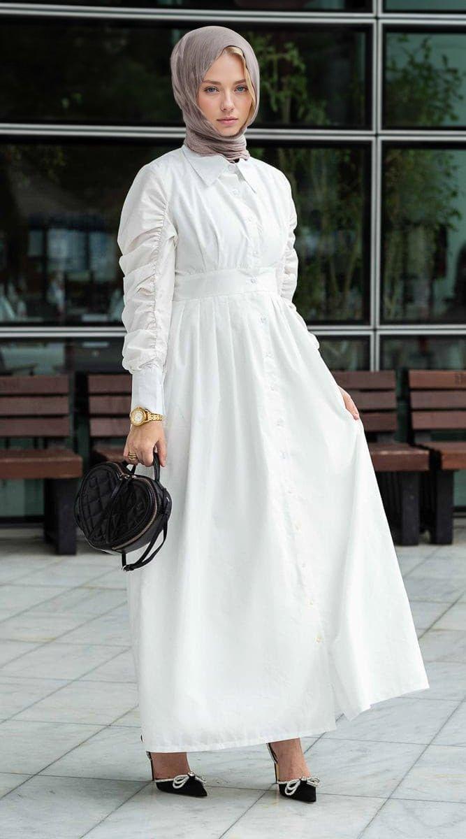 Alltaa maxi white poplin dress lined with front button fastening and ruffled sleeve details long sleeved - ANNAH HARIRI