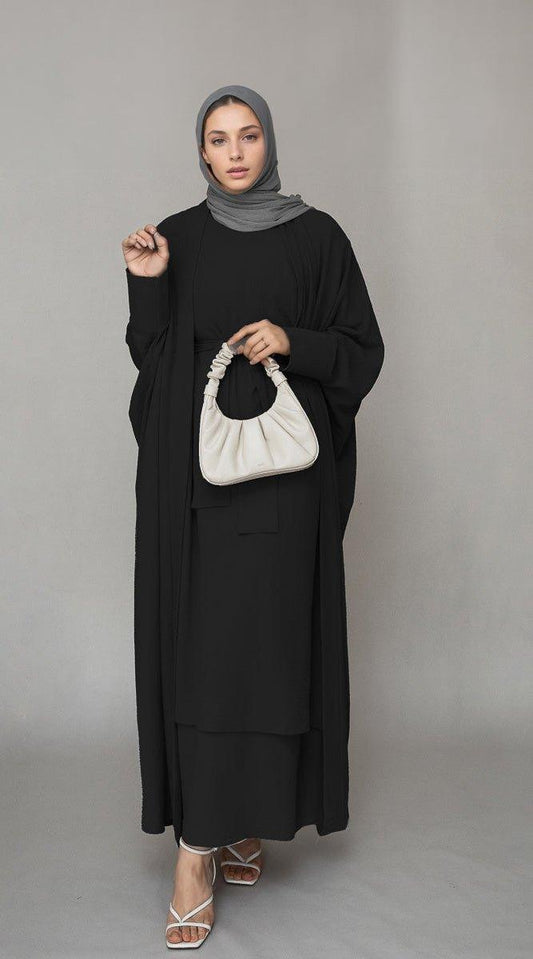 Alosia three piece abaya set with ling sleeve slip dress throw over and a belt in black - ANNAH HARIRI