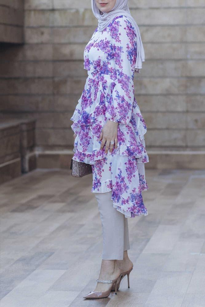 Ambyr chiffon tunic with ruffle detail with long sleeve in mixed floral print - ANNAH HARIRI
