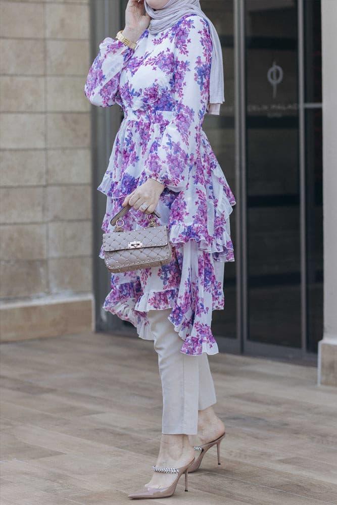 Ambyr chiffon tunic with ruffle detail with long sleeve in mixed floral print - ANNAH HARIRI