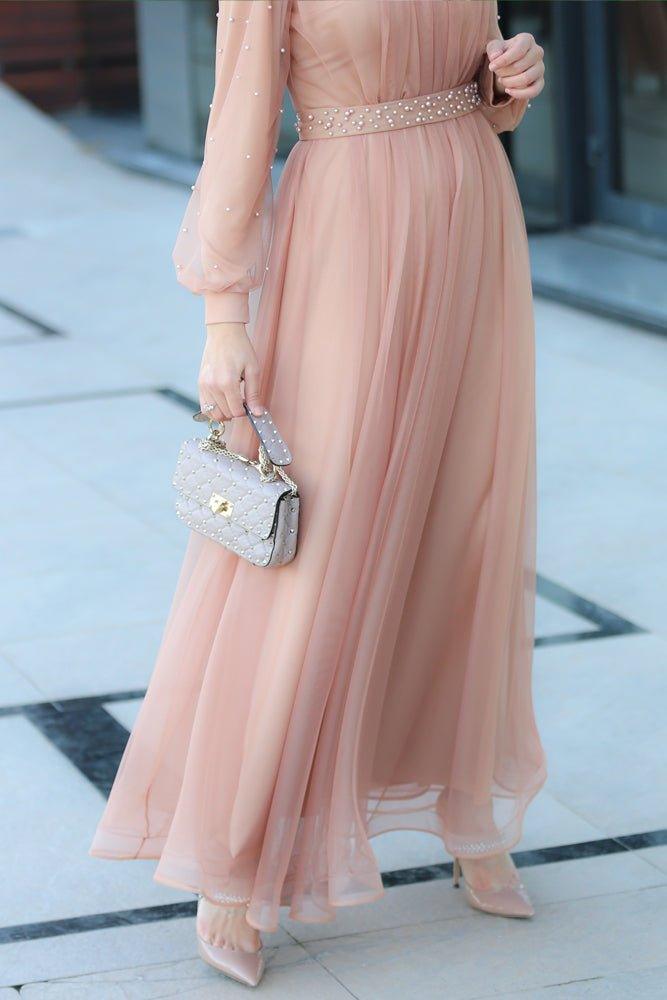 Amerie maxi tulle dress with long sleeve in beige - ANNAH HARIRI