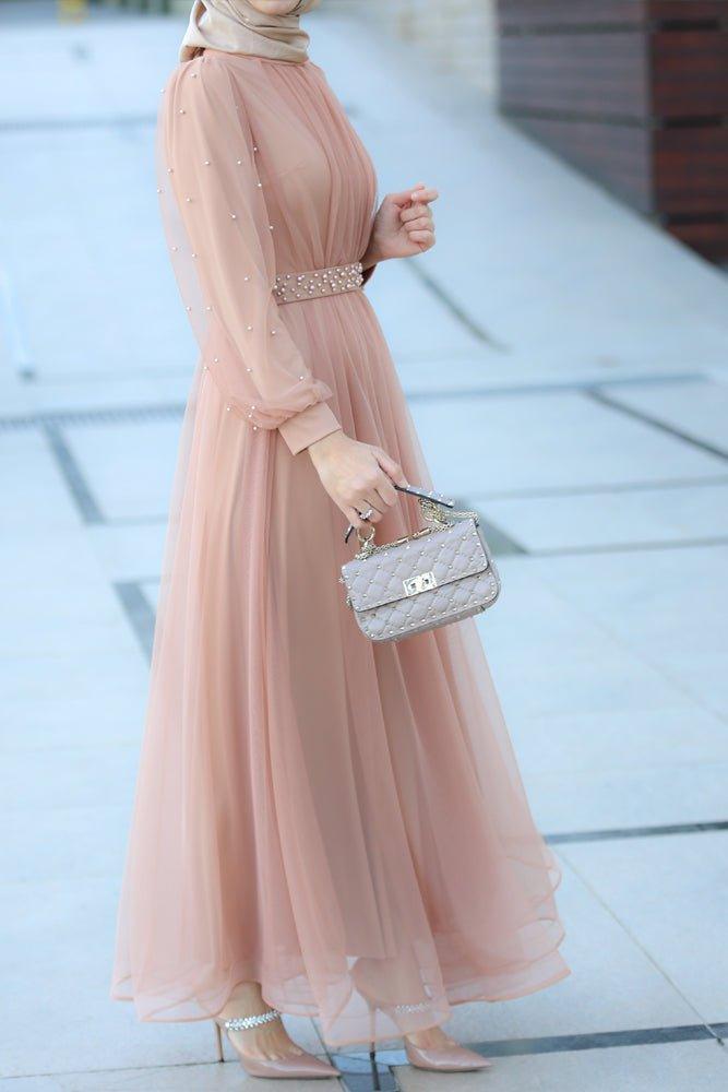 Amerie maxi tulle dress with long sleeve in beige - ANNAH HARIRI