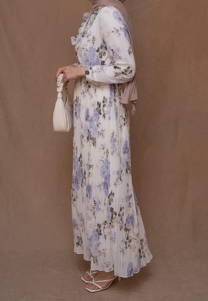 Amorita chiffon floral pleated dress with maxi sleeve and ruffled top in white - ANNAH HARIRI