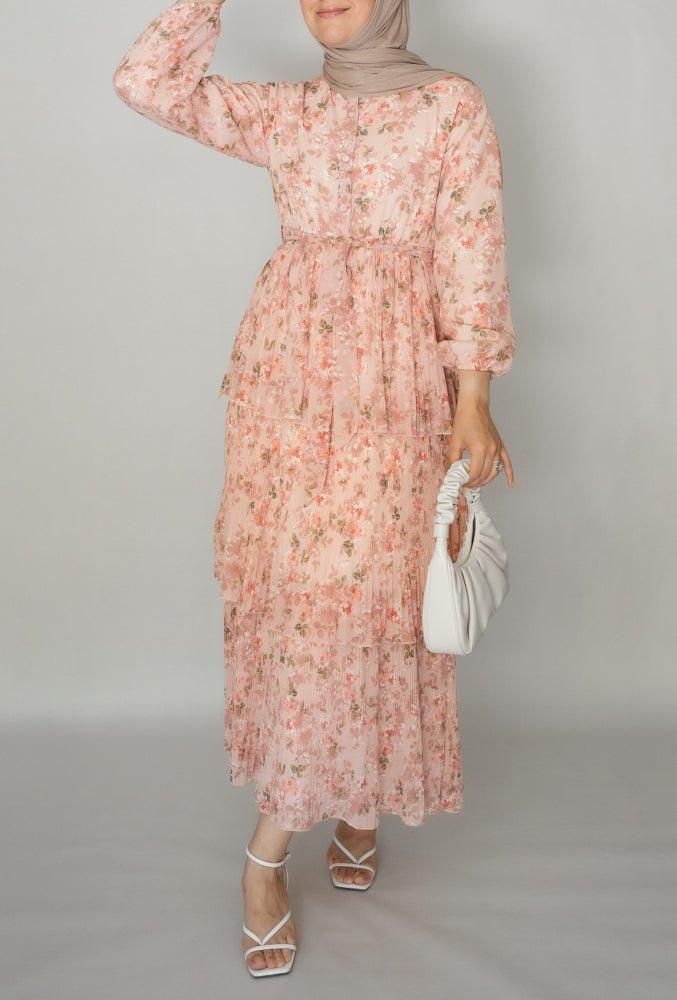 Andrea pleated tier skirt dress in ditsy floral lined with front button fastening and maxi sleeve - ANNAH HARIRI