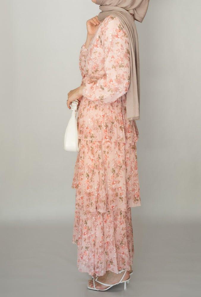 Andrea pleated tier skirt dress in ditsy floral lined with front button fastening and maxi sleeve - ANNAH HARIRI