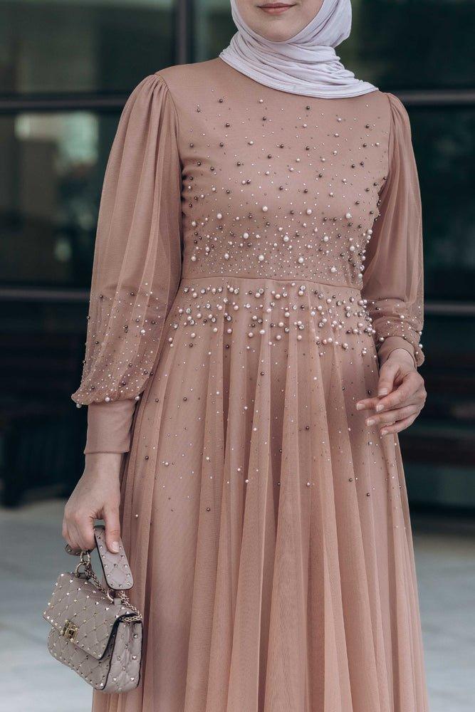 Ansa embellished bodice maxi dress with tulle skirt in beige - ANNAH HARIRI