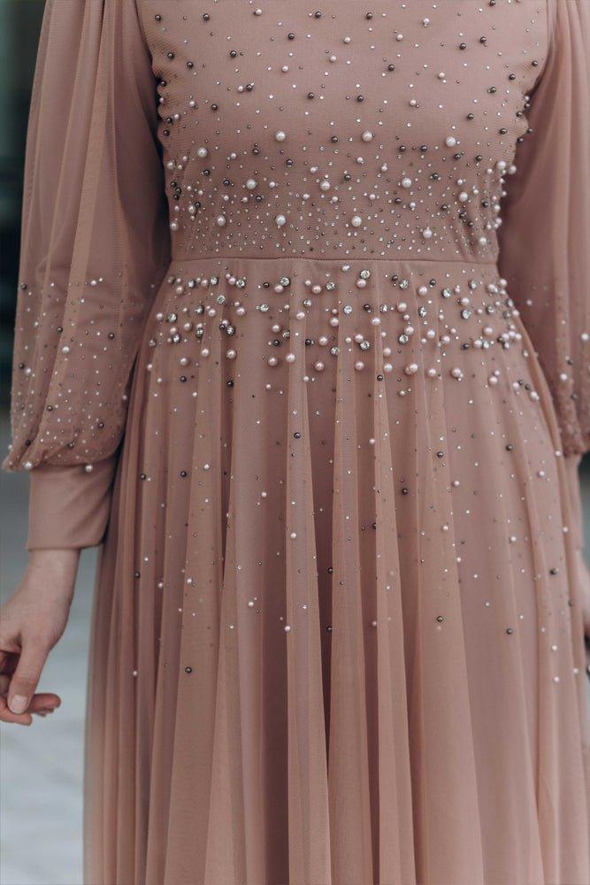 Ansa embellished bodice maxi dress with tulle skirt in beige - ANNAH HARIRI