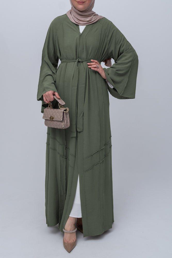 Army Green Cintia lightweight abaya throw over with a belt and piping details with maxi kimono sleeves - ANNAH HARIRI