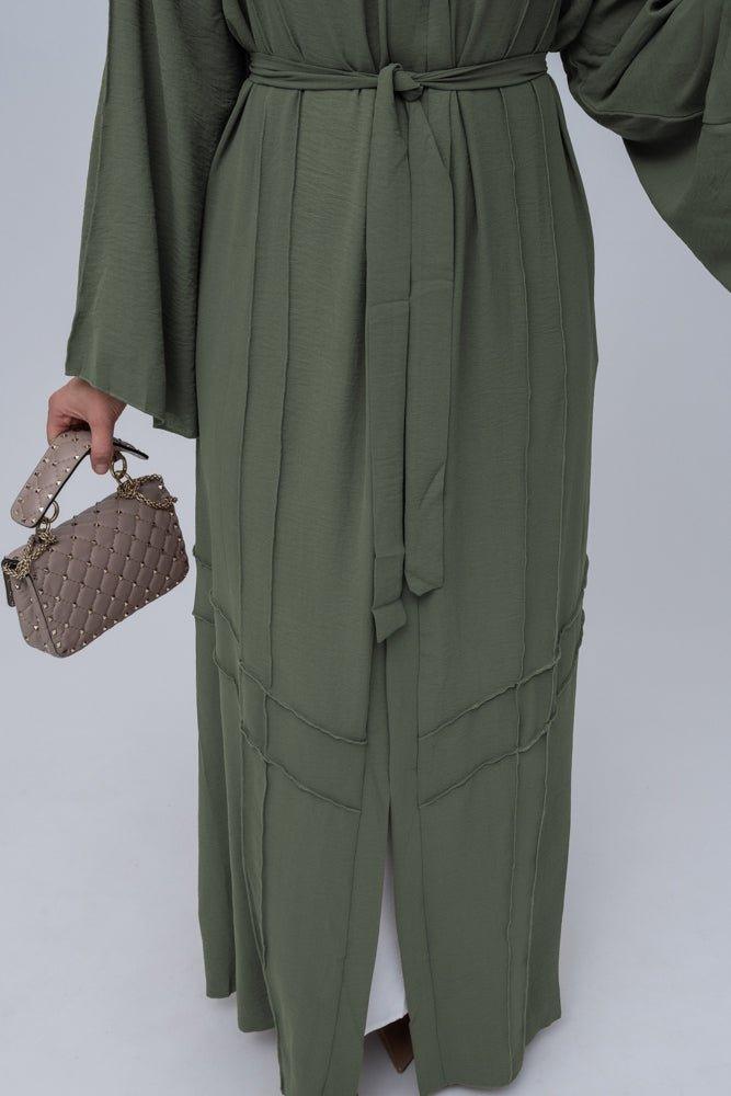 Army Green Cintia lightweight abaya throw over with a belt and piping details with maxi kimono sleeves - ANNAH HARIRI