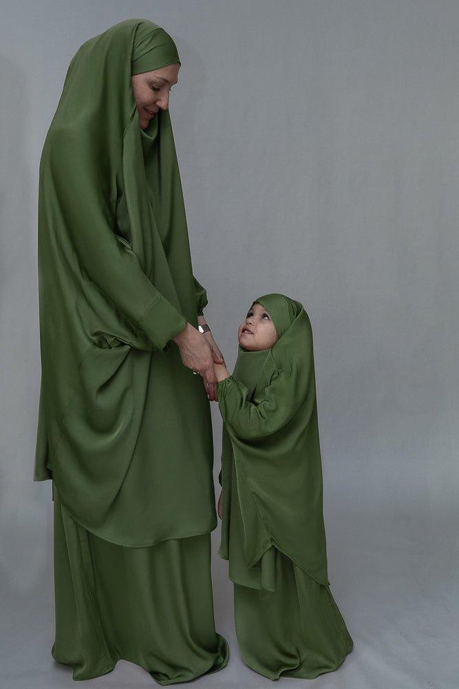 Army Green KIDS prayer gown from "Mommy and me prayer khimar collection - ANNAH HARIRI