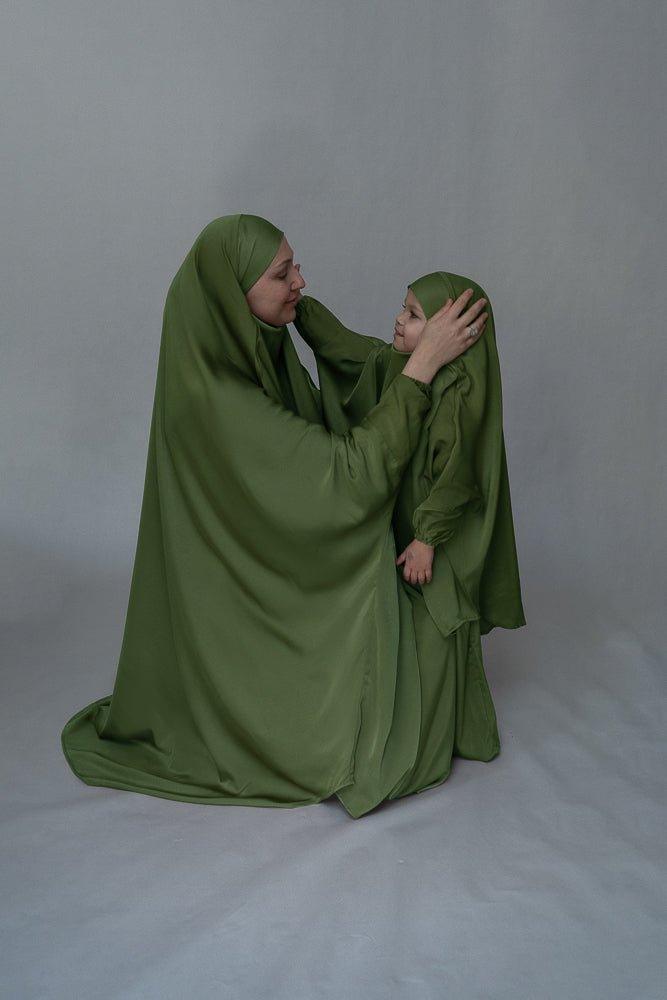 Army Green KIDS prayer gown from "Mommy and me prayer khimar collection - ANNAH HARIRI