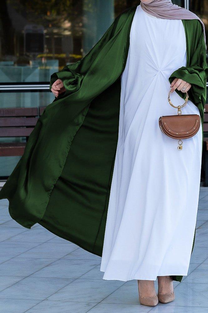 Army Green Loves open front maxi satin abaya throw over - ANNAH HARIRI