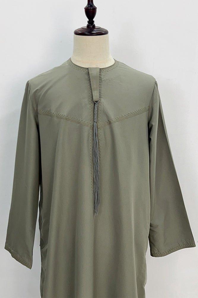 Army green Men's Classic Style Thobe With Collar Islamic Clothing For Prayer and Eid - ANNAH HARIRI