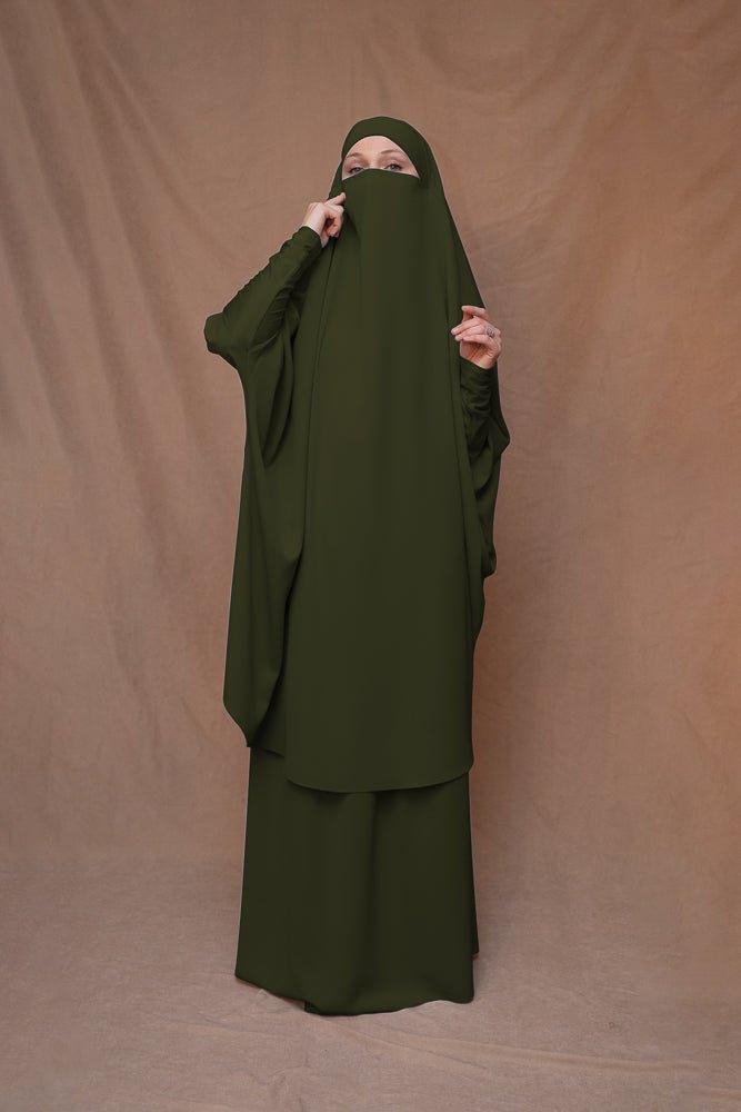 Army Green Moira prayer Umrah gown with niqab feature - ANNAH HARIRI