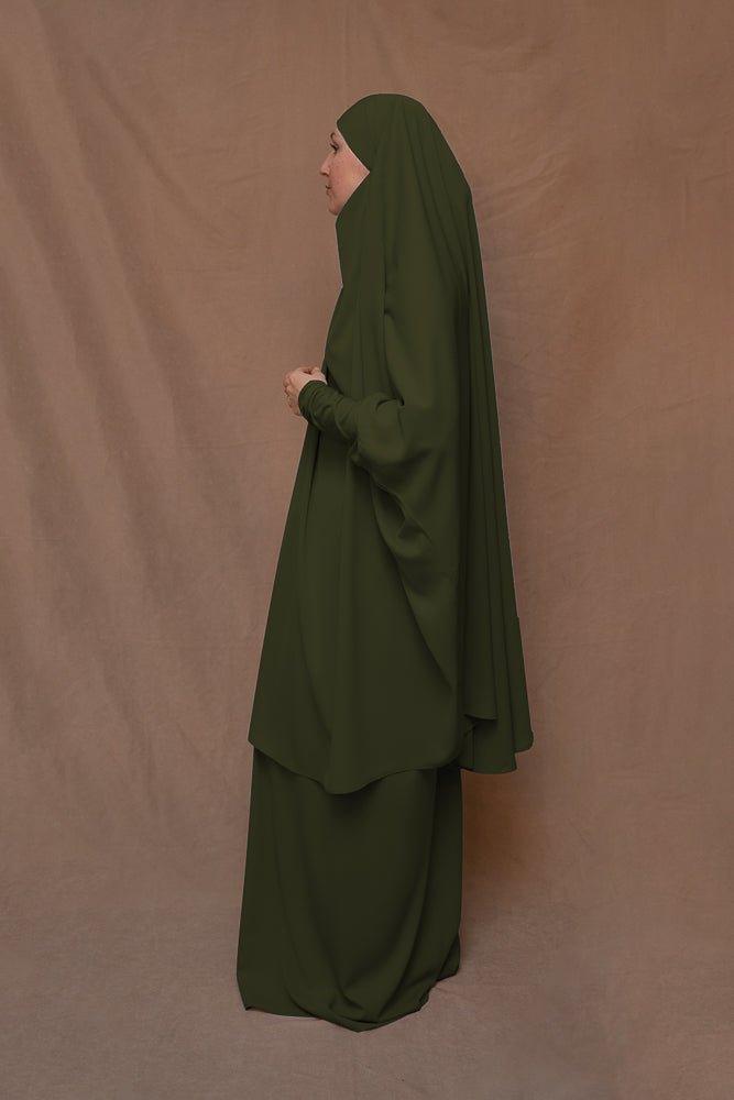 Army Green Moira prayer Umrah gown with niqab feature - ANNAH HARIRI