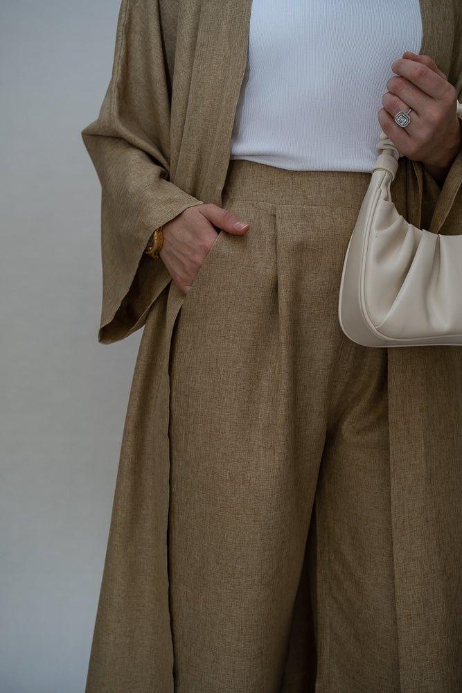 Aroa high waist wide leg palazzo trouser in khaki with pockets bisht fabric - ANNAH HARIRI