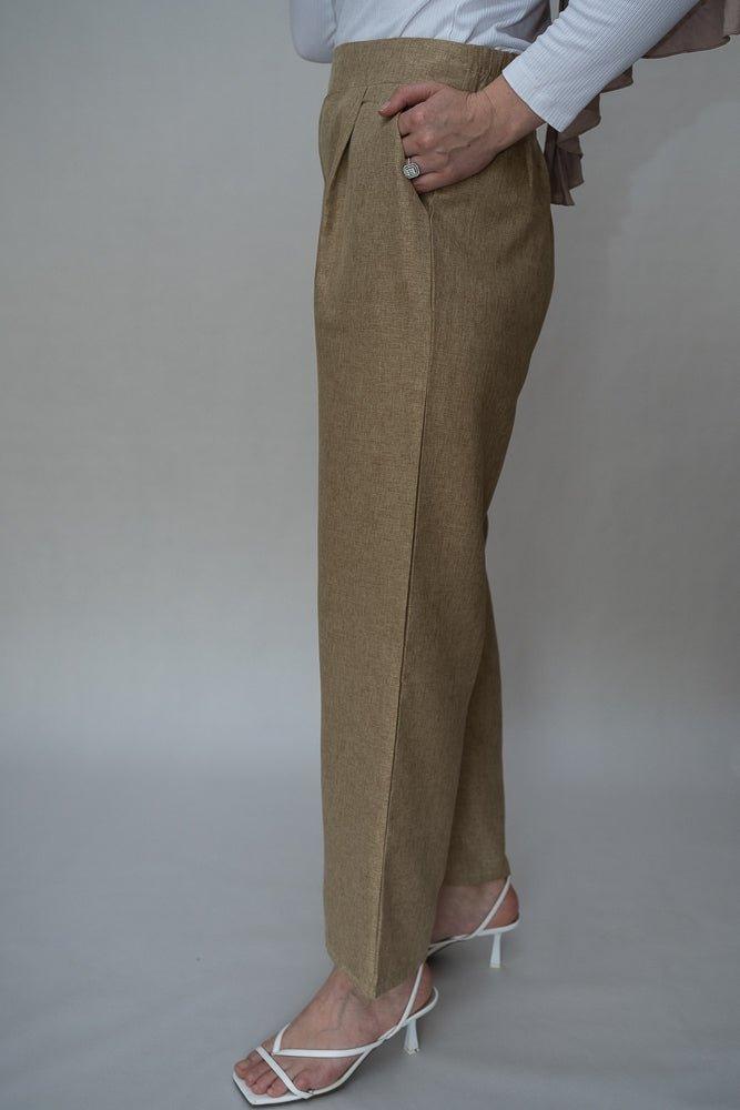 Aroa high waist wide leg palazzo trouser in khaki with pockets bisht fabric - ANNAH HARIRI