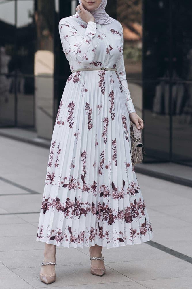 Asmaa pleated high collar neck maxi dress in bordeaux floral - ANNAH HARIRI