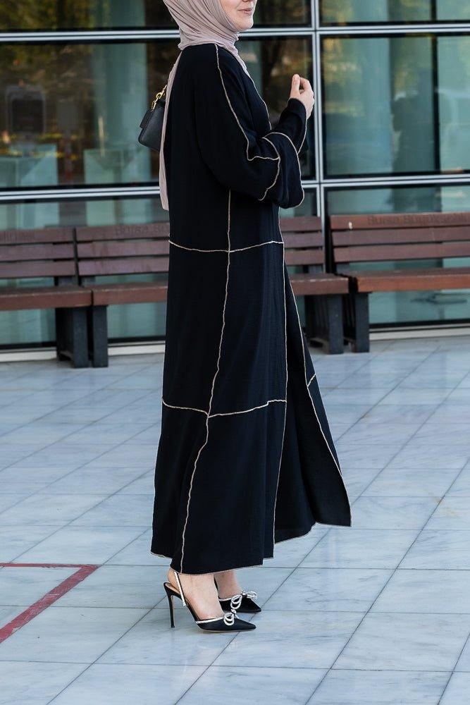 Audria black three piece lightweight maxi abaya with brown contrast piping - ANNAH HARIRI