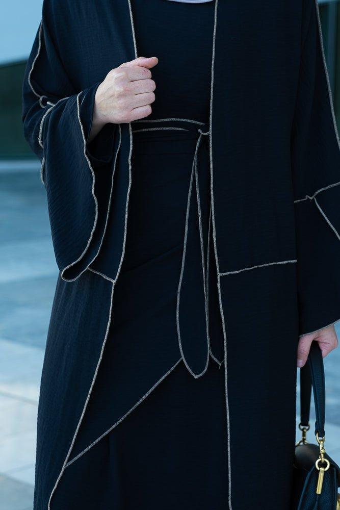 Audria black three piece lightweight maxi abaya with brown contrast piping - ANNAH HARIRI