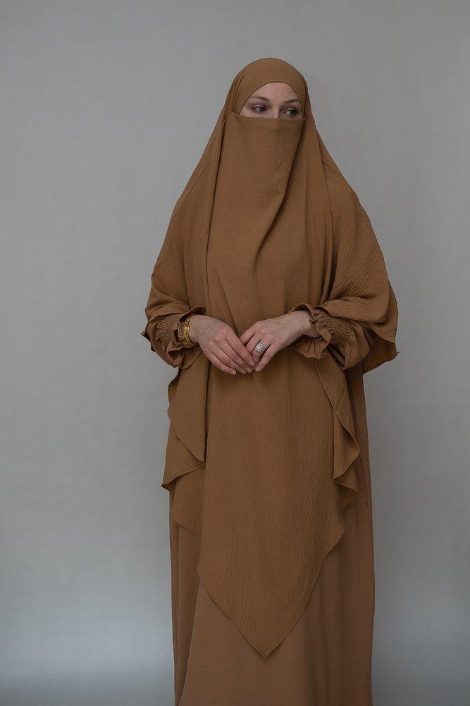 Avalom prayer gown umrah abaya dress non-wrinkling in brown - ANNAH HARIRI