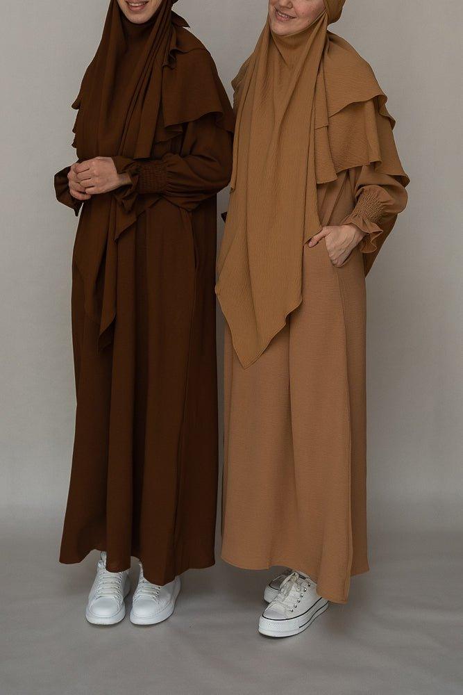 Avalom prayer gown umrah abaya dress non-wrinkling in brown - ANNAH HARIRI