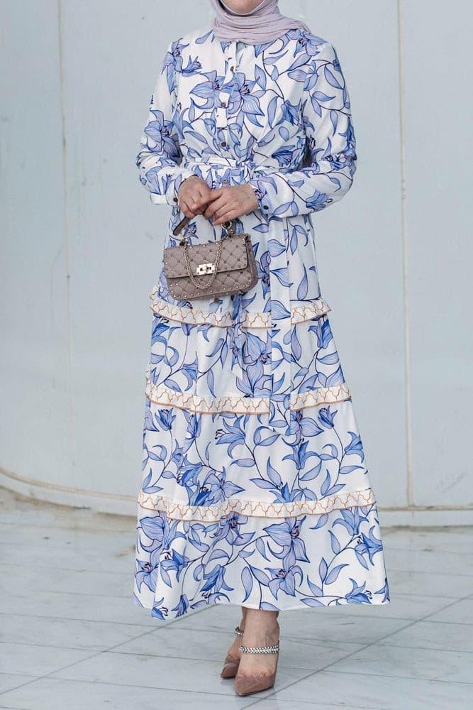 Aysun maxi dress with sash and trim in blue - ANNAH HARIRI