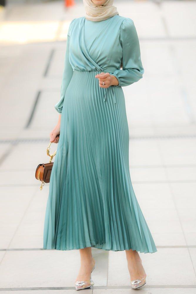 Babyblue Abigal satin pleated long sleeve maxi dress with wrap waist - ANNAH HARIRI