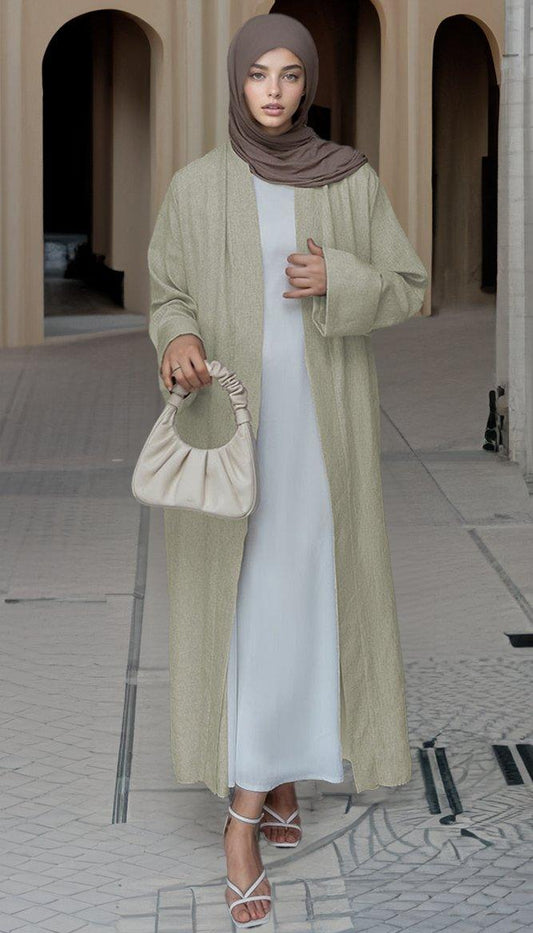 Beige Lounia maxi throw over abaya in light linen fabric with a detachable belt - ANNAH HARIRI