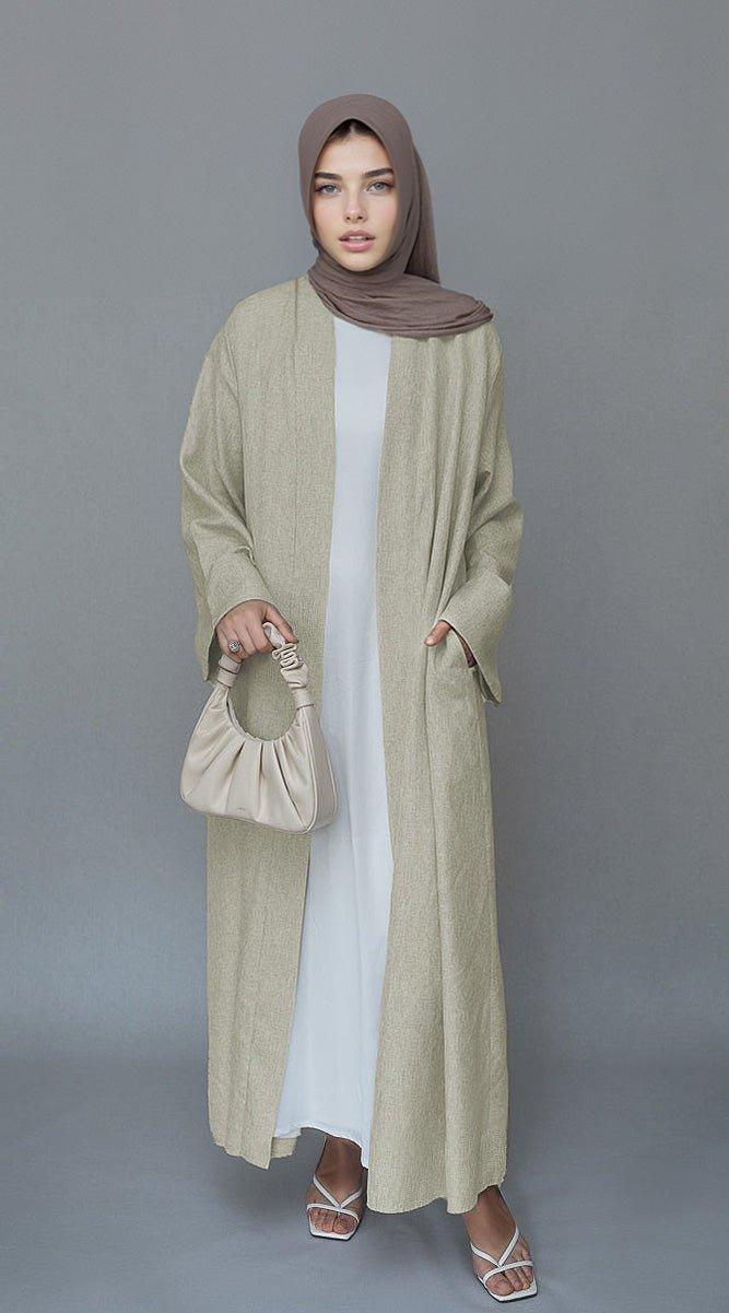 Beige Lounia maxi throw over abaya in light linen fabric with a detachable belt - ANNAH HARIRI