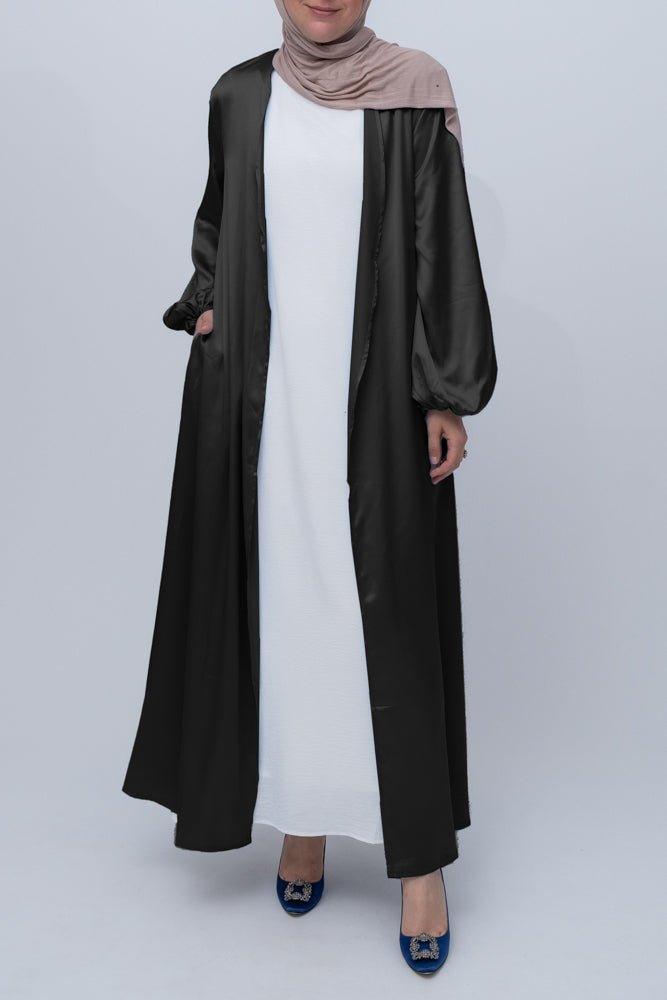 Black Brontei open front abaya throw over with pockets and a detachable belt - ANNAH HARIRI