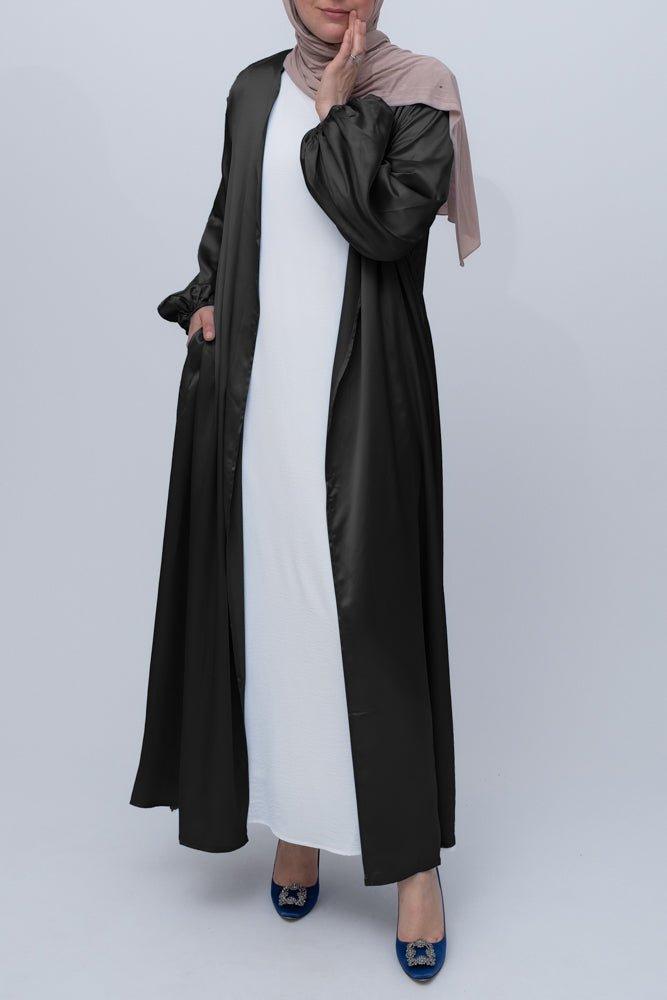 Black Brontei open front abaya throw over with pockets and a detachable belt - ANNAH HARIRI