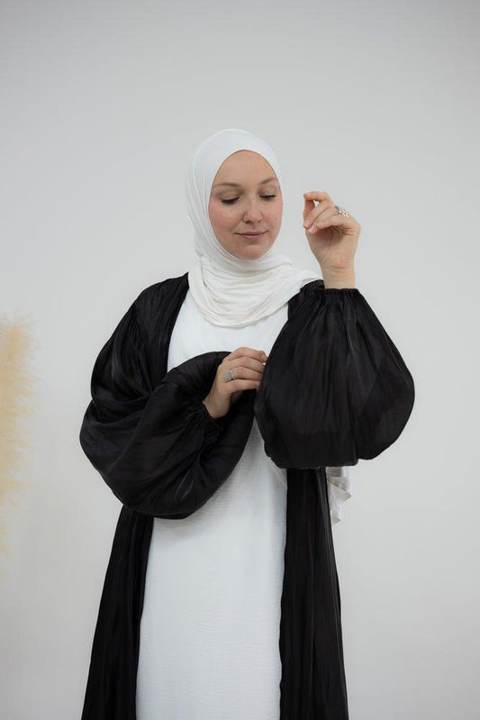 Black Cchloe open front faux organza abaya with balloon slevees - ANNAH HARIRI