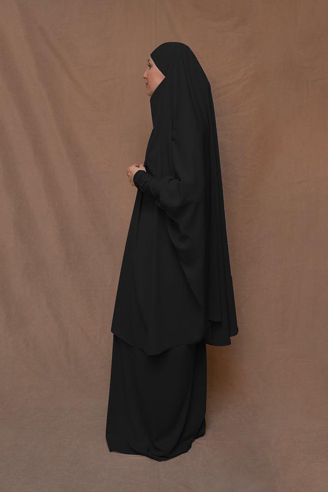 Black Moira prayer Umrah gown with niqab feature - ANNAH HARIRI