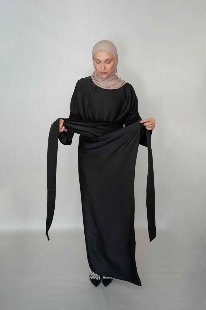 Black Sten top and wrap skirt set in satin - ANNAH HARIRI