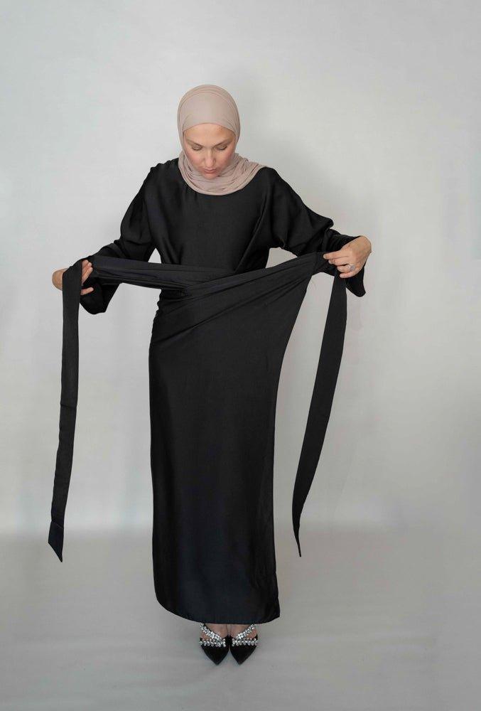 Black Sten top and wrap skirt set in satin - ANNAH HARIRI