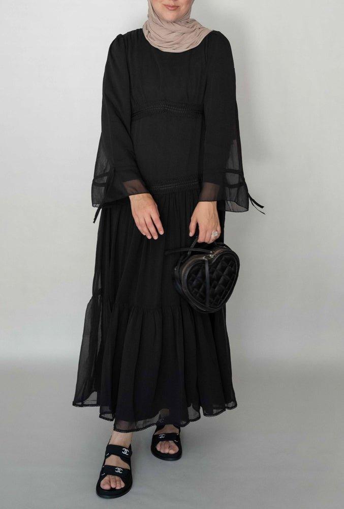 Black Vivvie classic chiffon dress lined not sheer with maxi sleeve and lace detail - ANNAH HARIRI