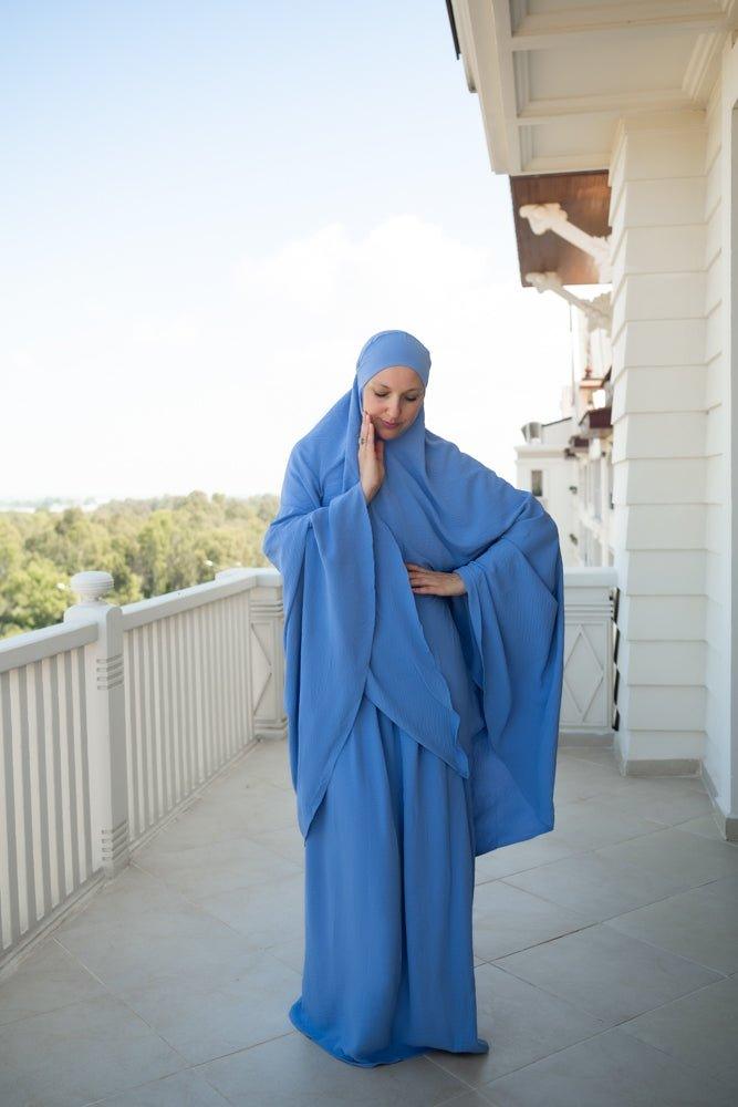 Blue Calinia prayer gown two piece set khimar for omrah - ANNAH HARIRI