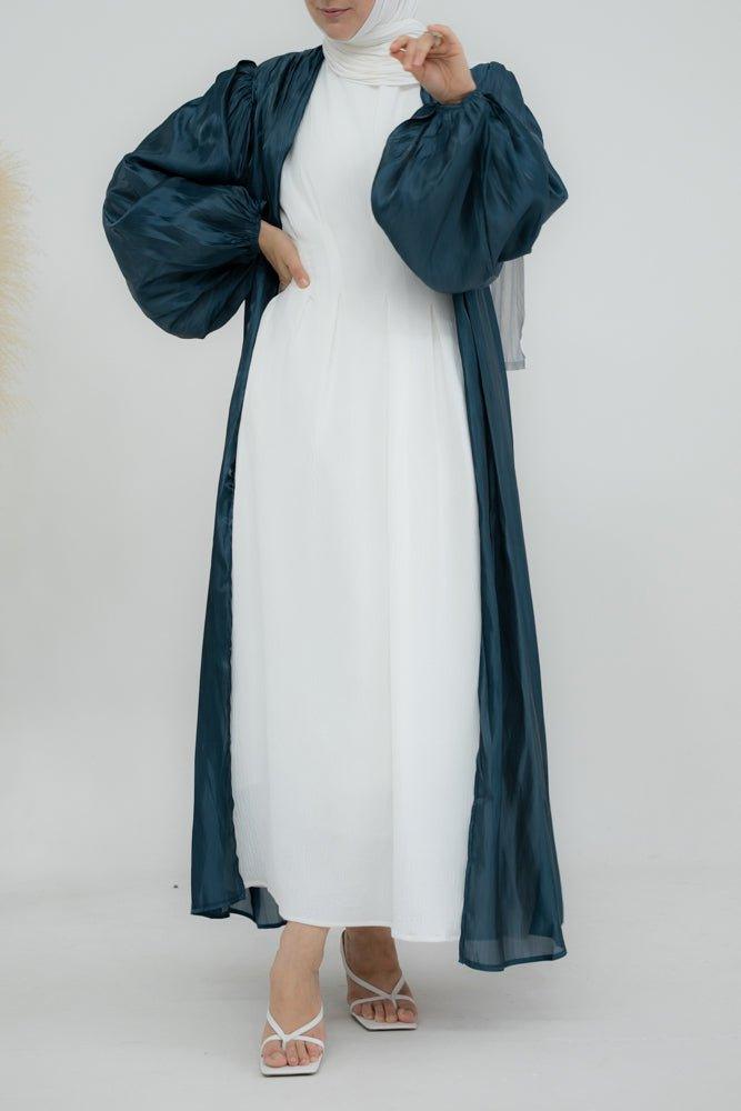 Blue Cchloe open front faux organza abaya with balloon sleeves - ANNAH HARIRI