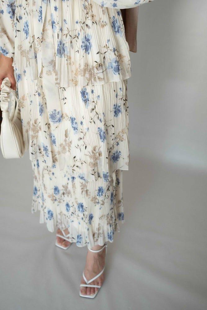 Blue Loulou chiffon floral maxi dress long sleeve lined with cotton wit pleated three tier skirt - ANNAH HARIRI