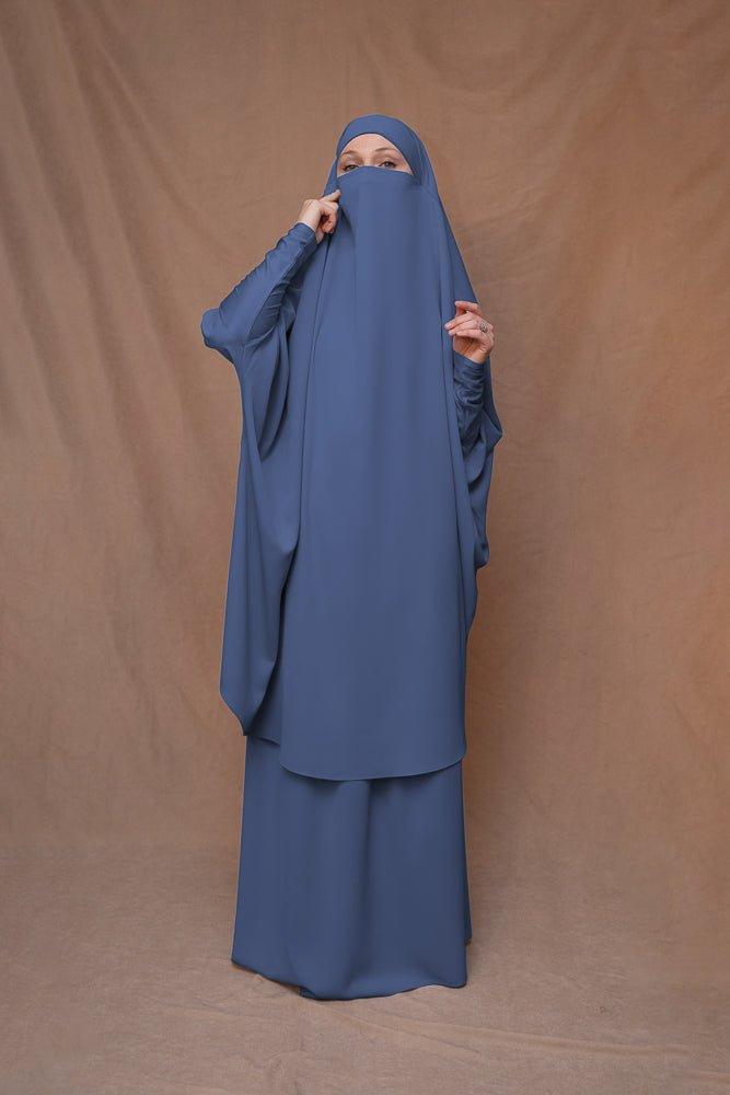 Blue Moira prayer Umrah gown with niqab feature - ANNAH HARIRI